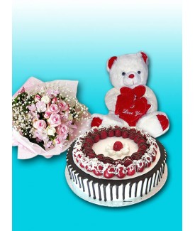 2.2 lbs Ittalian Black Forest  Cake , 10 " teddy bear , 2 dozen Pink roses 